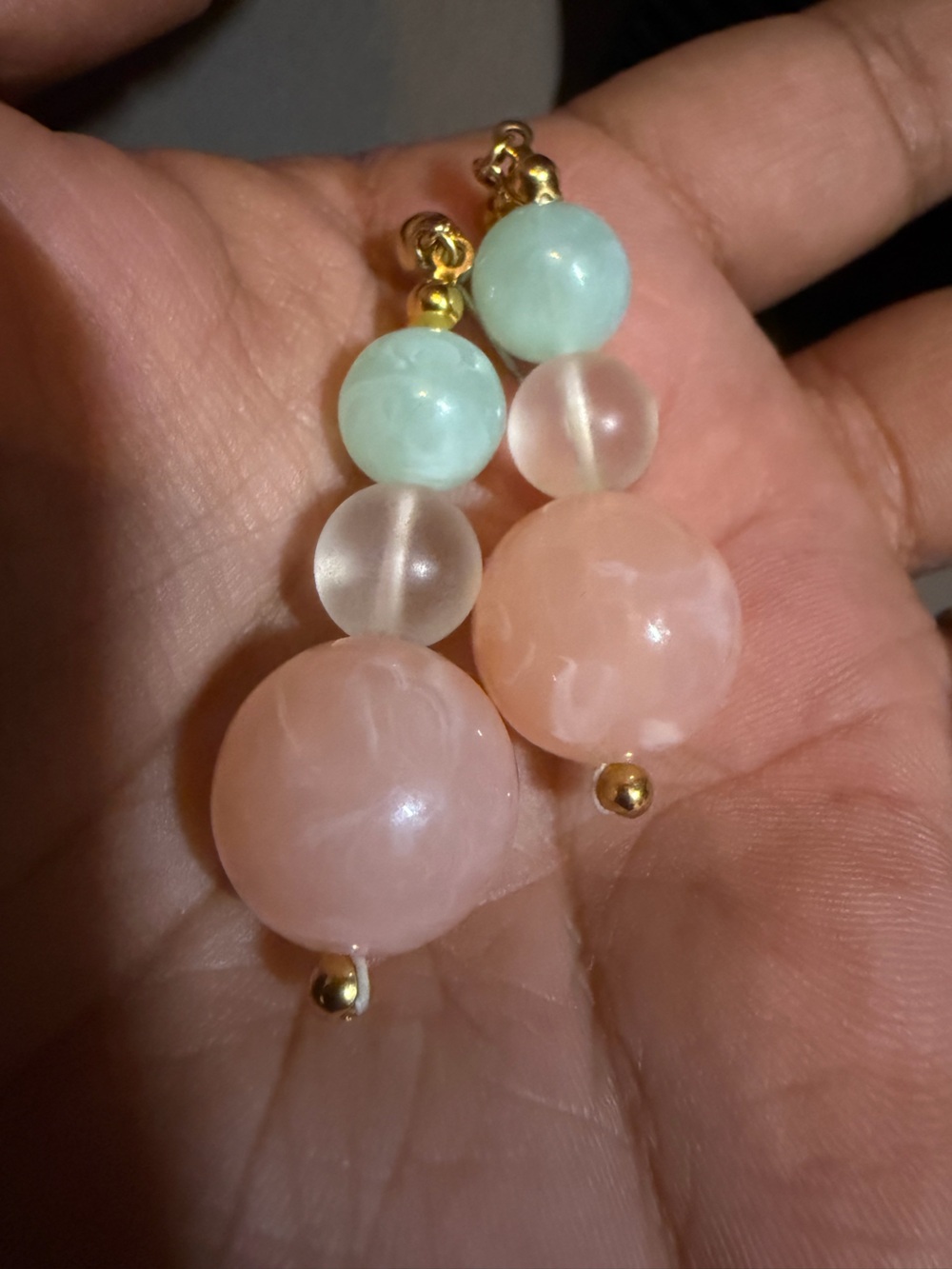 Rose Quartz and Mint Beaded earrings with Gold Accents